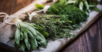 fresh herbs for cooking on wooden cutting board