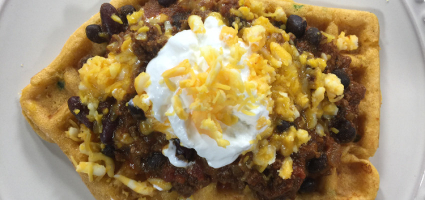 Beef Chili Over Jalapeno Cheddar Cornbread Waffles