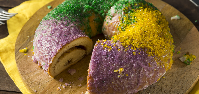 mardi gras, king cake, cake, colored sugar