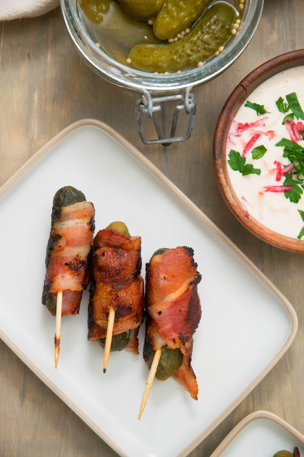 Grilled Bacon Wrapped Pickles with Creamy Garlic Dip