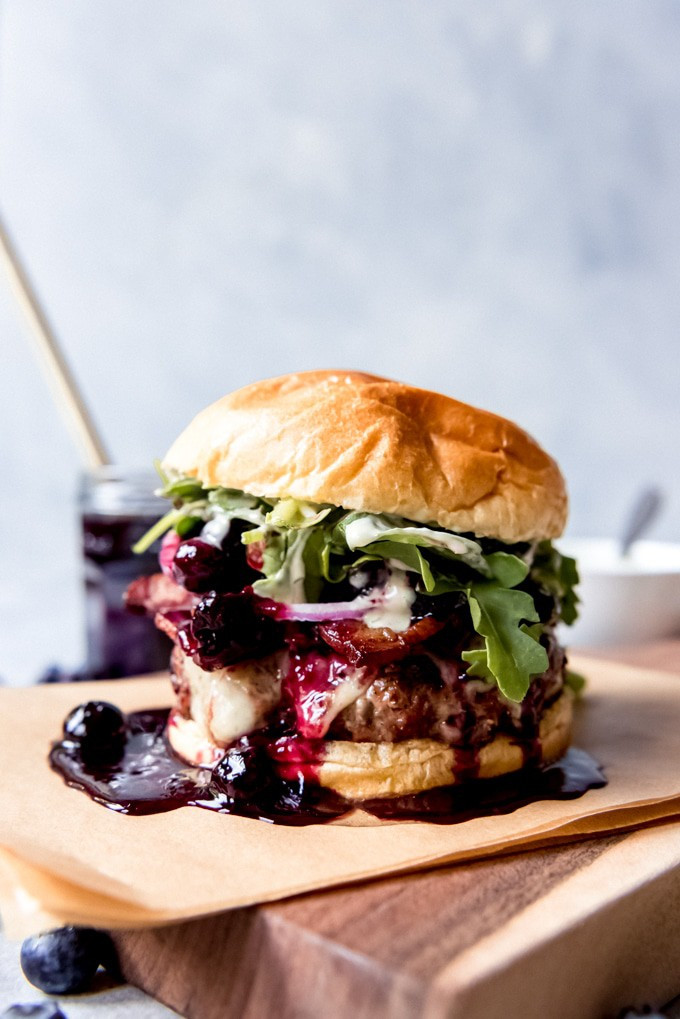 Red, White and Blueberry Bacon Burger with Basil Aioli