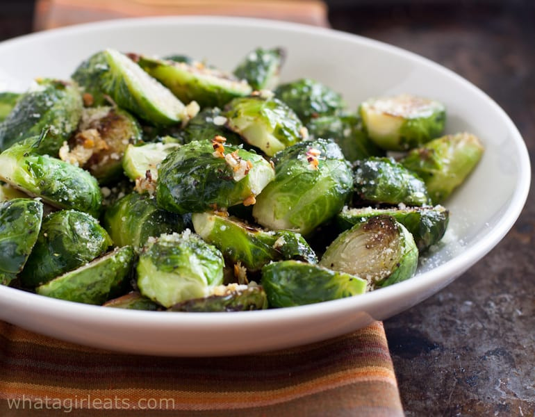 Roasted Garlic Brussels Sprouts with Red Pepper and Parmesan Cheese