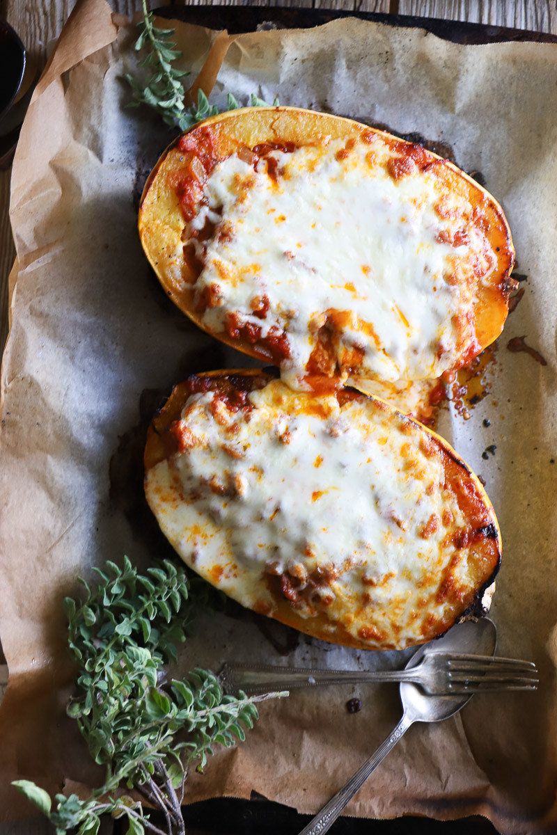 Cheesy Roasted Spaghetti Squash Bolognese Boats