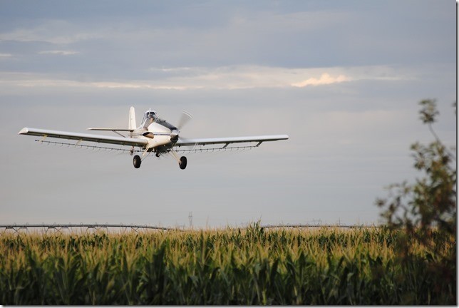 crop dusting plane over a field