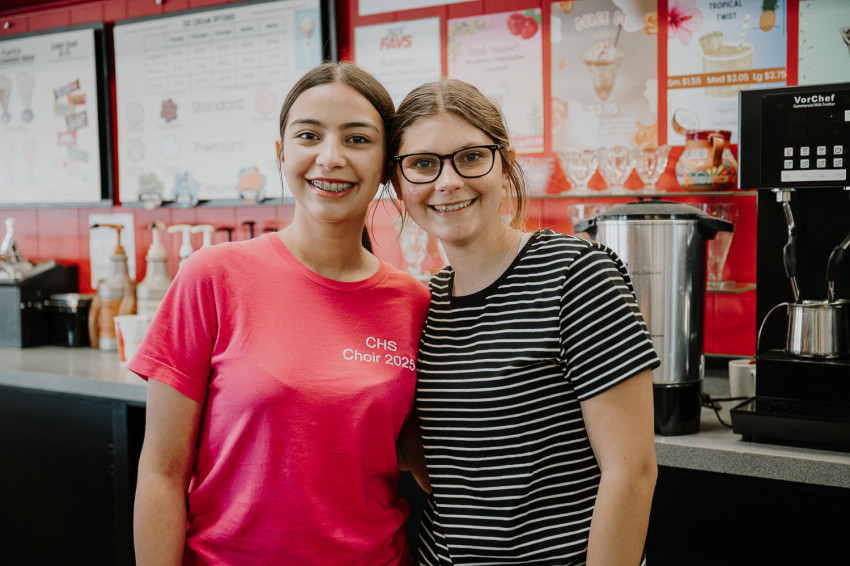 Amberly Martinez (left) and McKynlee Beery (right) work as YouEs at Linger Gig Lab in Cimarron.