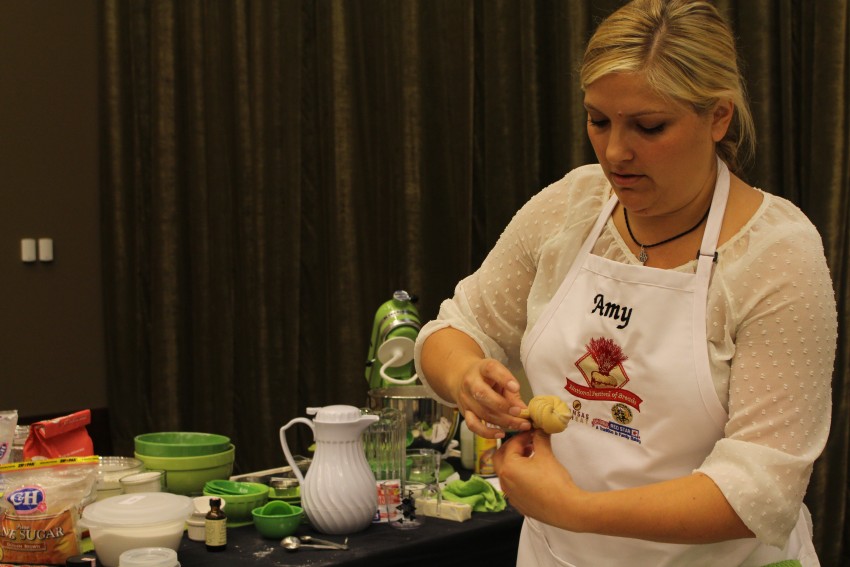 Amy Meiers, a 2015 National Festival of Breads finalist from Santa Rosa, Calif., demonstrates how she makes her Rosemary Cardamom Twisters.