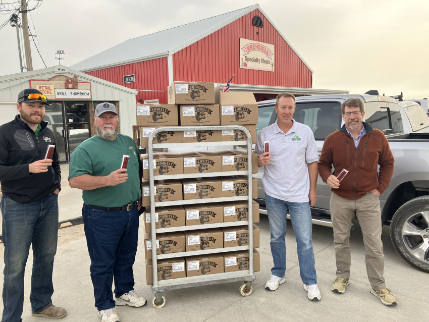 L to R: Logan Hodgson, Rice Cty Board Member, Gary Frownfelter, McPherson Cty FB President, Tony DeRossett, President of KHFH and Roger Long, Barton Cty FB Board Member Left to Right – Logan Hodgson, Rice County board member, Gary Frownfelter, McPherson County Farm Bureau president, Tony DeRossett, president of Kansas Hunters Feeding the Hungry and Roger Long, Barton County Farm Bureau board member