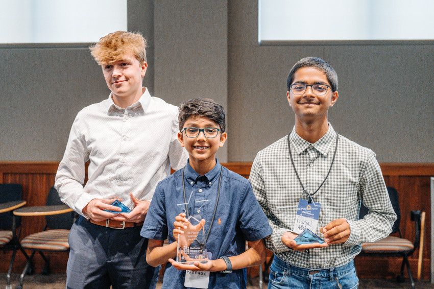 Left to right: Caleb Bonnema, Rishaan Panchal and Pranjal Adhikari were the top three finishers, with first place going to Panchal, a sixth-grade student in Overland Park.