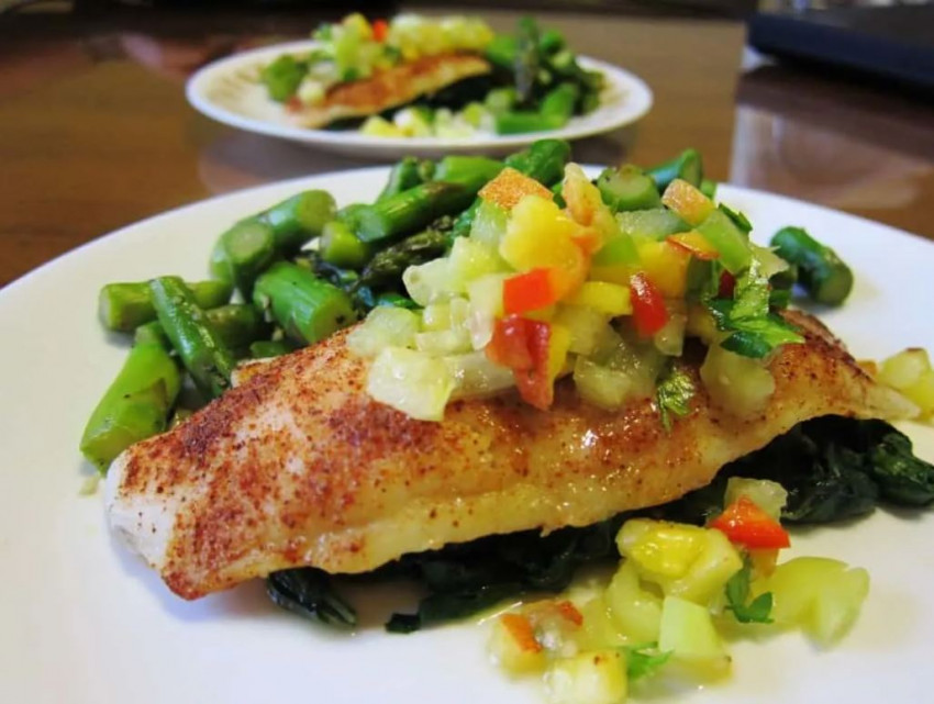 Spice Rubbed Swai Fillets with Peach Tomatillo Relish