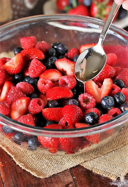 Tri[;e Berry Fruit Salad drizzled with Vanilla Simple Syrup