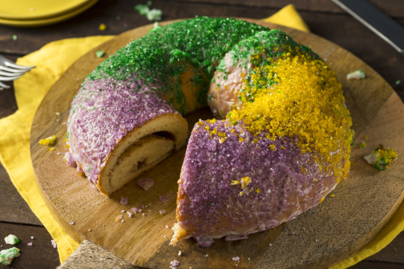 mardi gras, king cake, cake, colored sugar