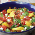 peach and tomato salad with bacon